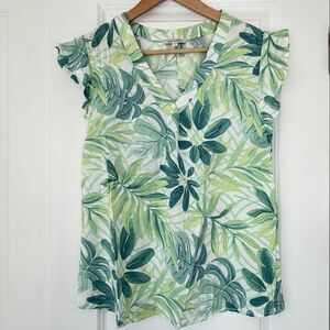 Anne Carson Womens Blouse Tropical Leaf Green Cap Sleeve V Neck Top S